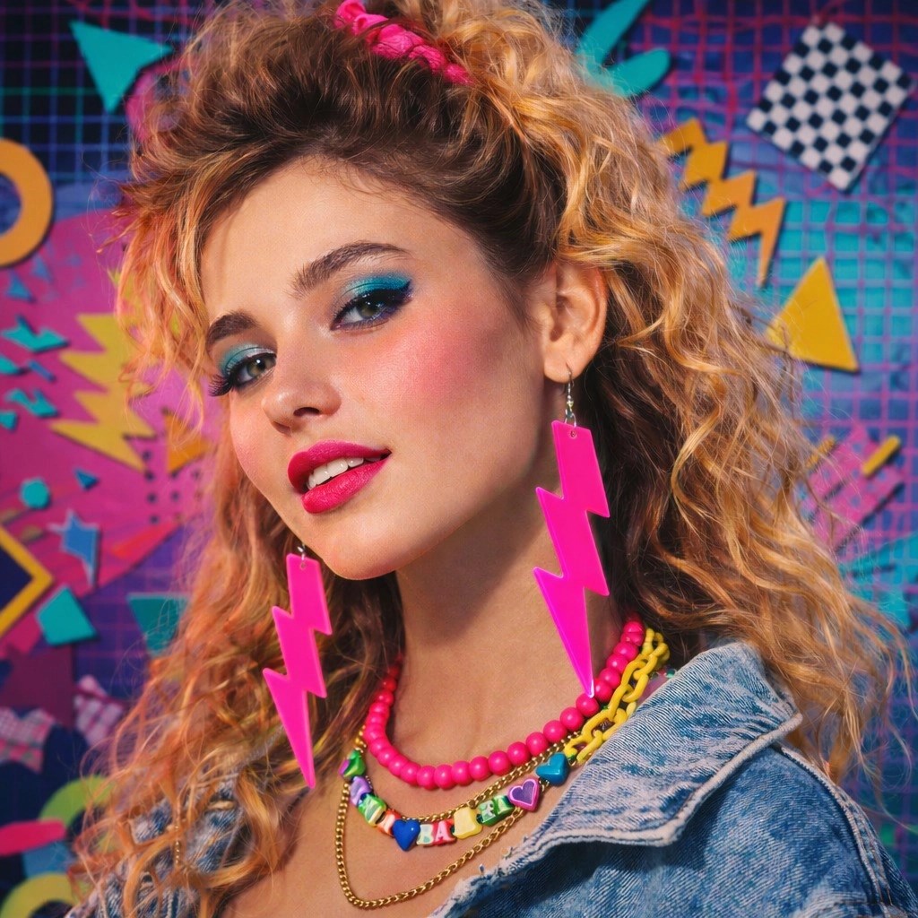 Mey İthalat® 80’ler 90&amp;#39;lar Retro Neon Pembe Şimşek Küpe 10 cm