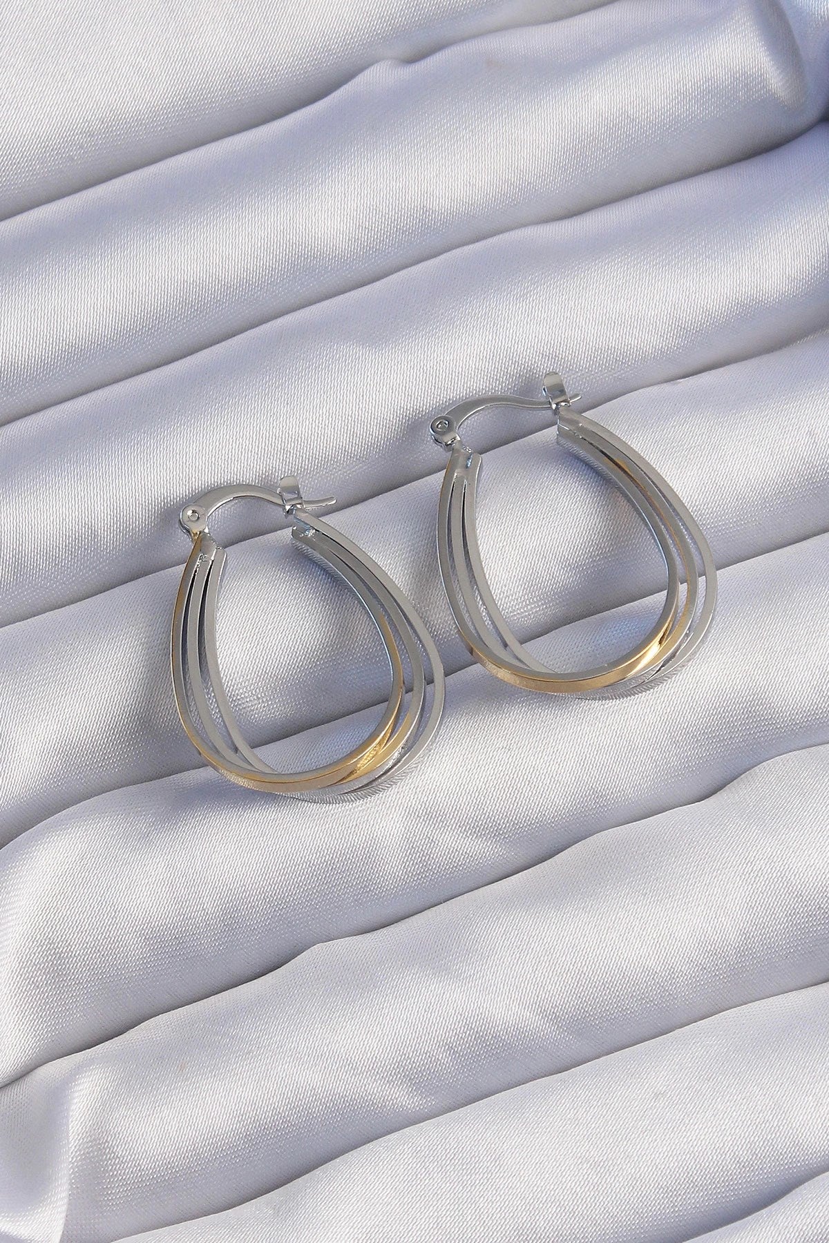 Mey İthalat® Pirinç Gold Gümüş Renkli Oval Çoklu Görünümlü Küpe