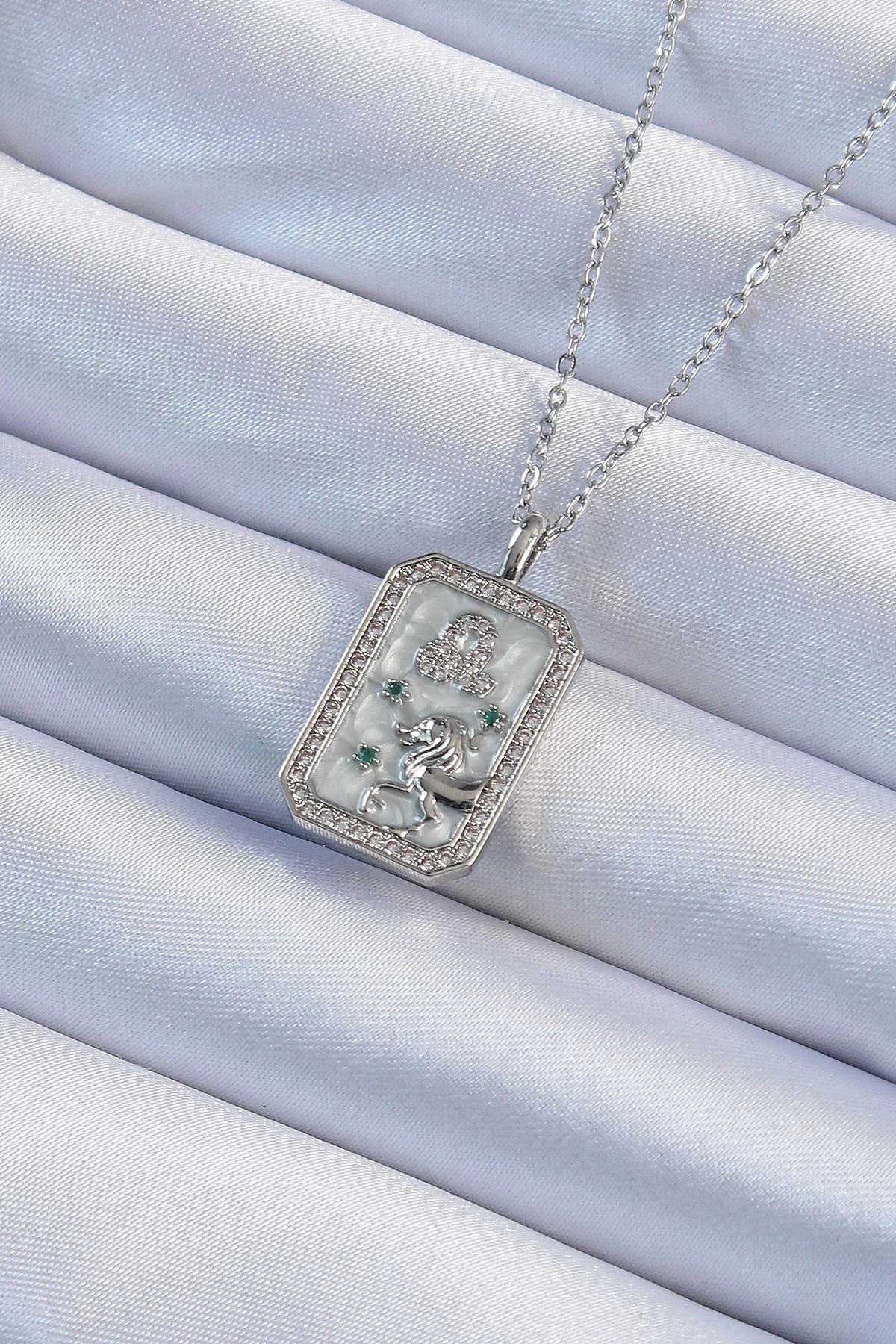 Mey İthalat® 316L Çelik Zincir Gümüş Renk Zirkon Taşlı Aslan Figürlü Tarot Kolye