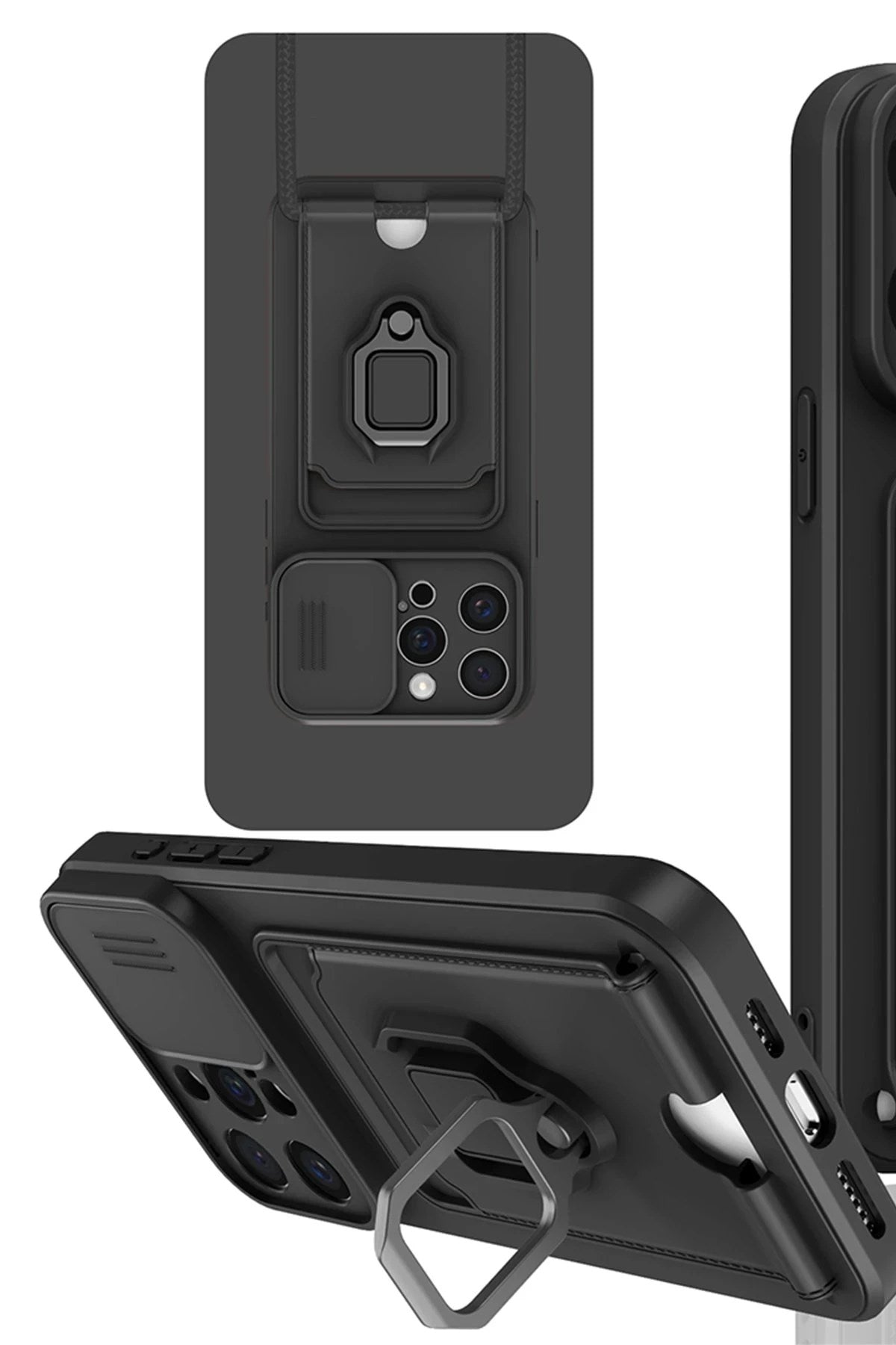 Mey İthalat® iPhone 15 Pro Kılıf Zuma Kartvizitli Yüzüklü Silikon - Siyah