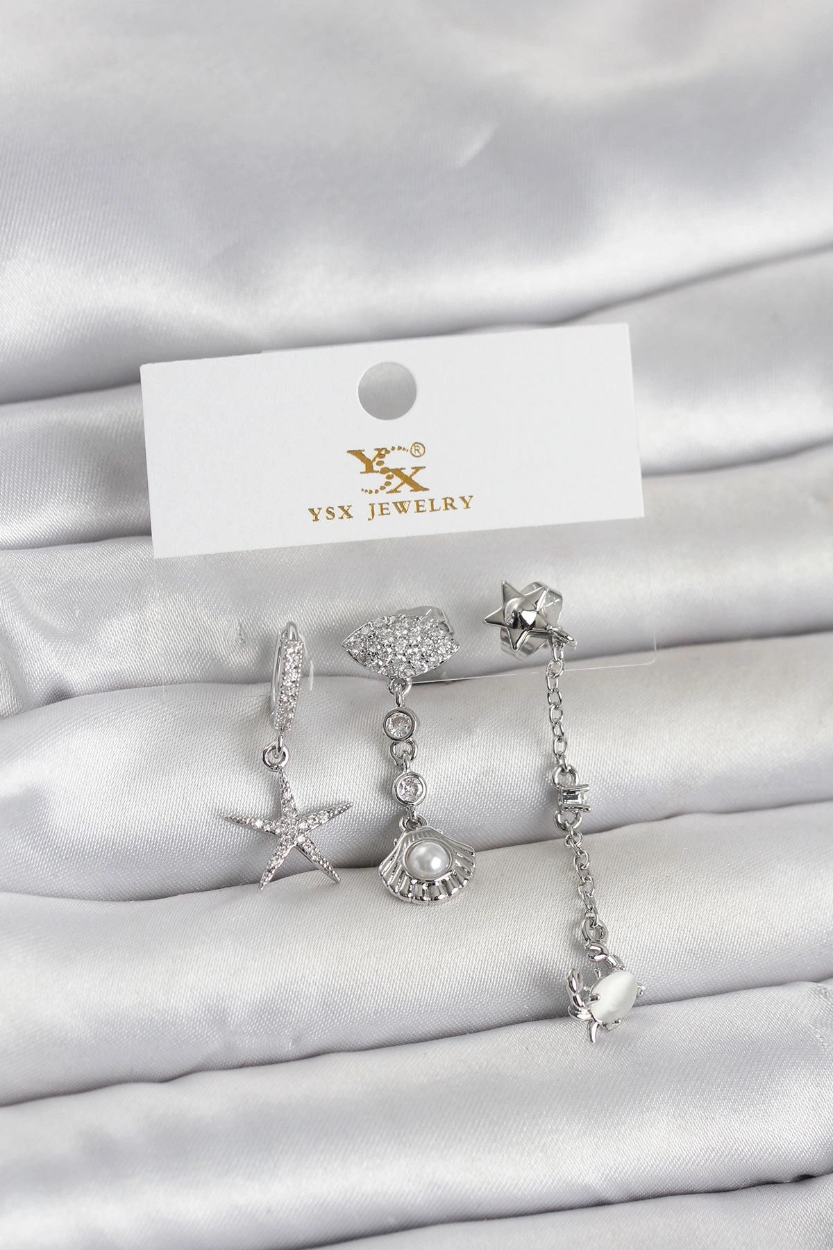 Mey İthalat® Pirinç Gümüş Renk Zirkon Taşlı Deniz Temalı 3'lü Kadın Küpe