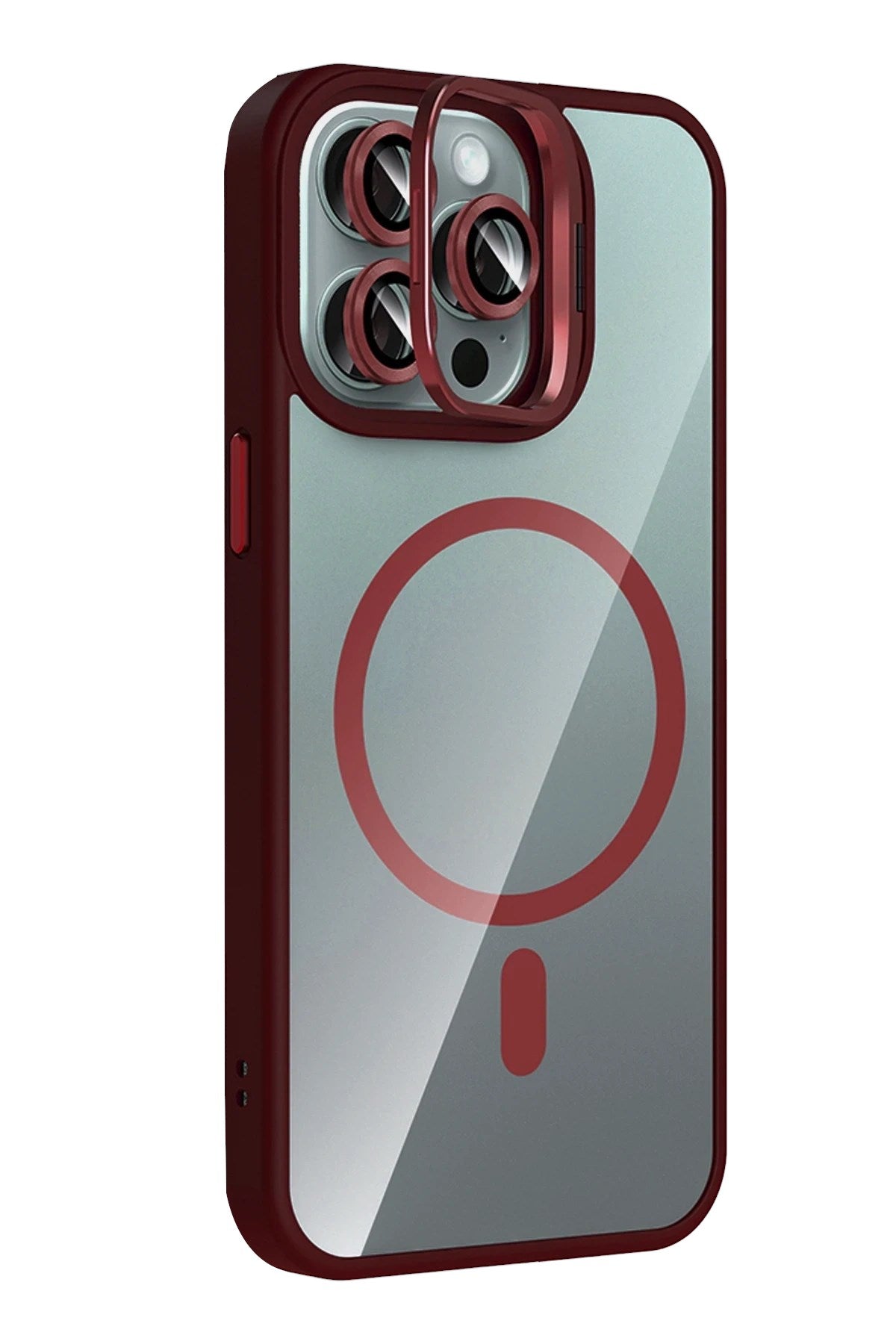 Mey İthalat® iPhone 15 Pro Max Remim Lensli Magsafe Standlı Kapak - Bordo