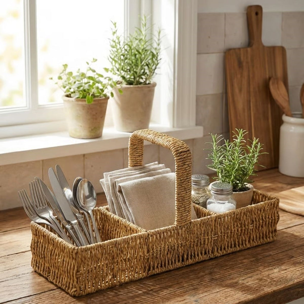 3 Bölmeli Plastik Rattan Düzenleyici–Saplı Masaüstü Organizer, Mutfak Kaşık Çatal Sepeti, Banyo & Ofis Çok Amaçlı Sunum Standı