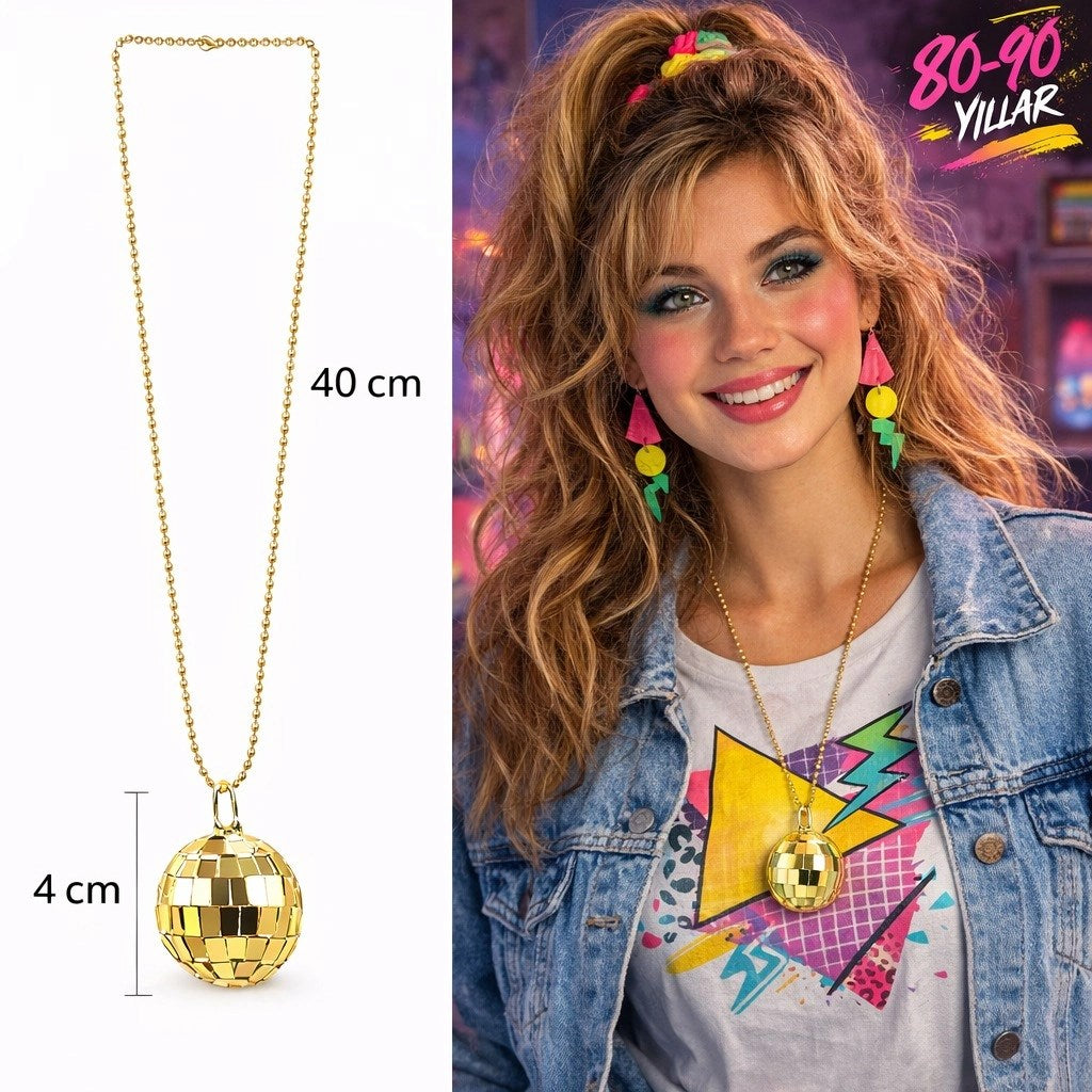 Mey İthalat® Retro Disko Topu Şekilli 80&amp;#39;ler 90&amp;#39;lar Altın Renk Plastik Kolye