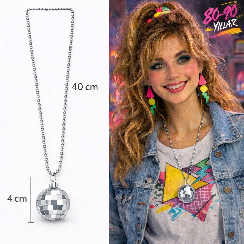 Mey İthalat® Retro Disko Topu Şekilli 80&amp;#39;ler 90&amp;#39;lar Gümüş Renk Plastik Kolye