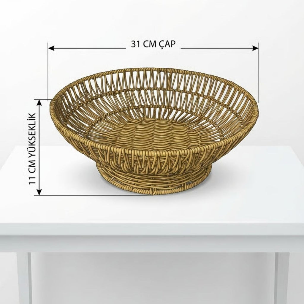 31 cm Plastik Rattan Servis Çanağı – Doğal Hasır Görünümlü Dekoratif Meyve, Ekmek ve Sunum Kasesi
