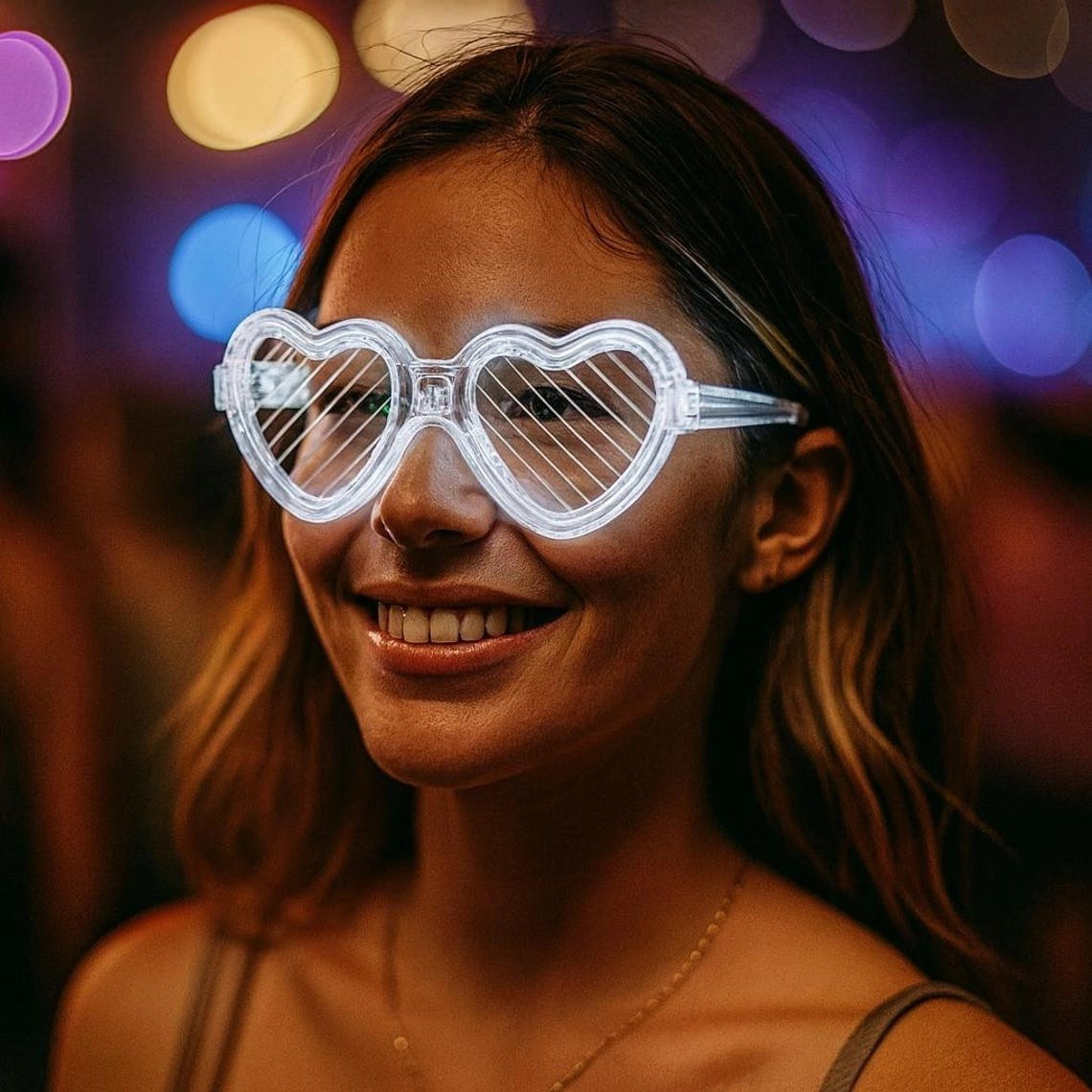 Mey İthalat® Beyaz LED Işıklı Kalp Gözlük – 3 Modlu Parti &amp; Glow Gözlüğü