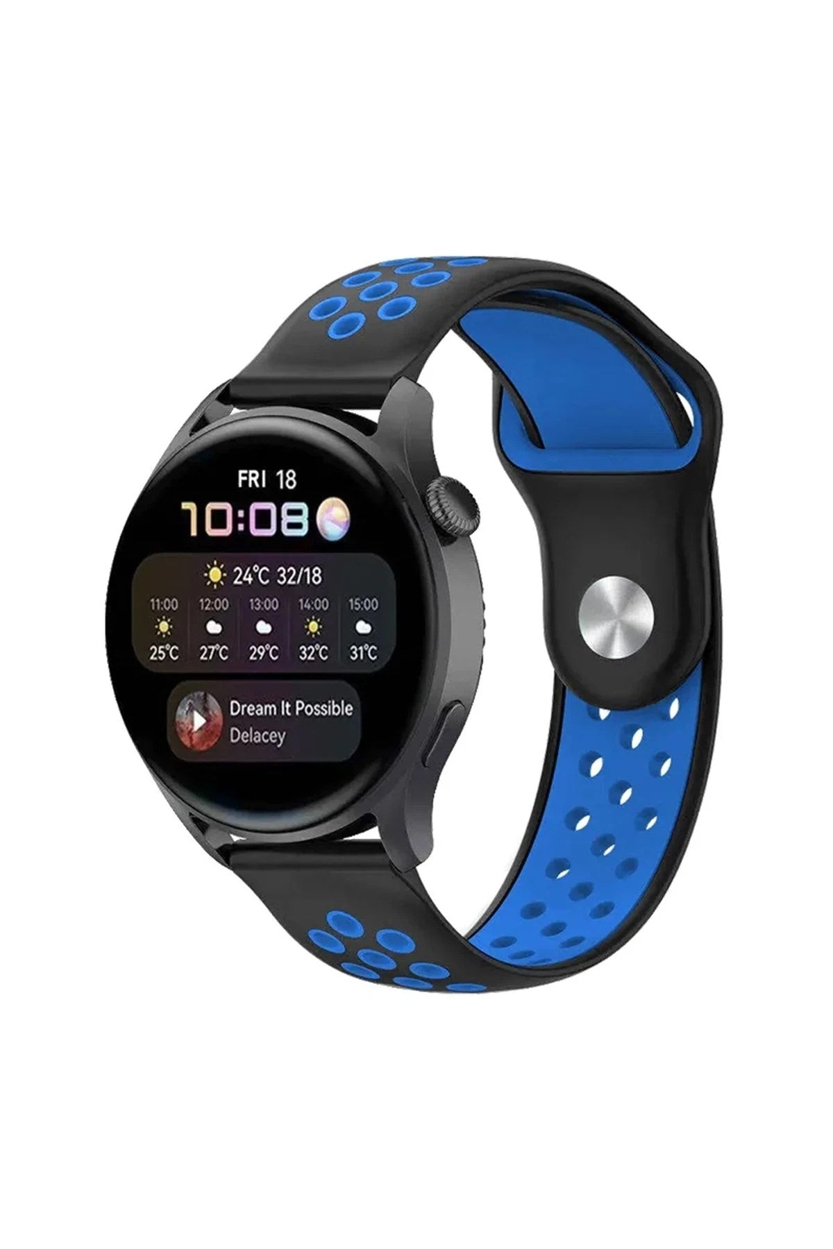 Mey İthalat® Watch 22mm Spor Delikli Kordon - Siyah-Mavi