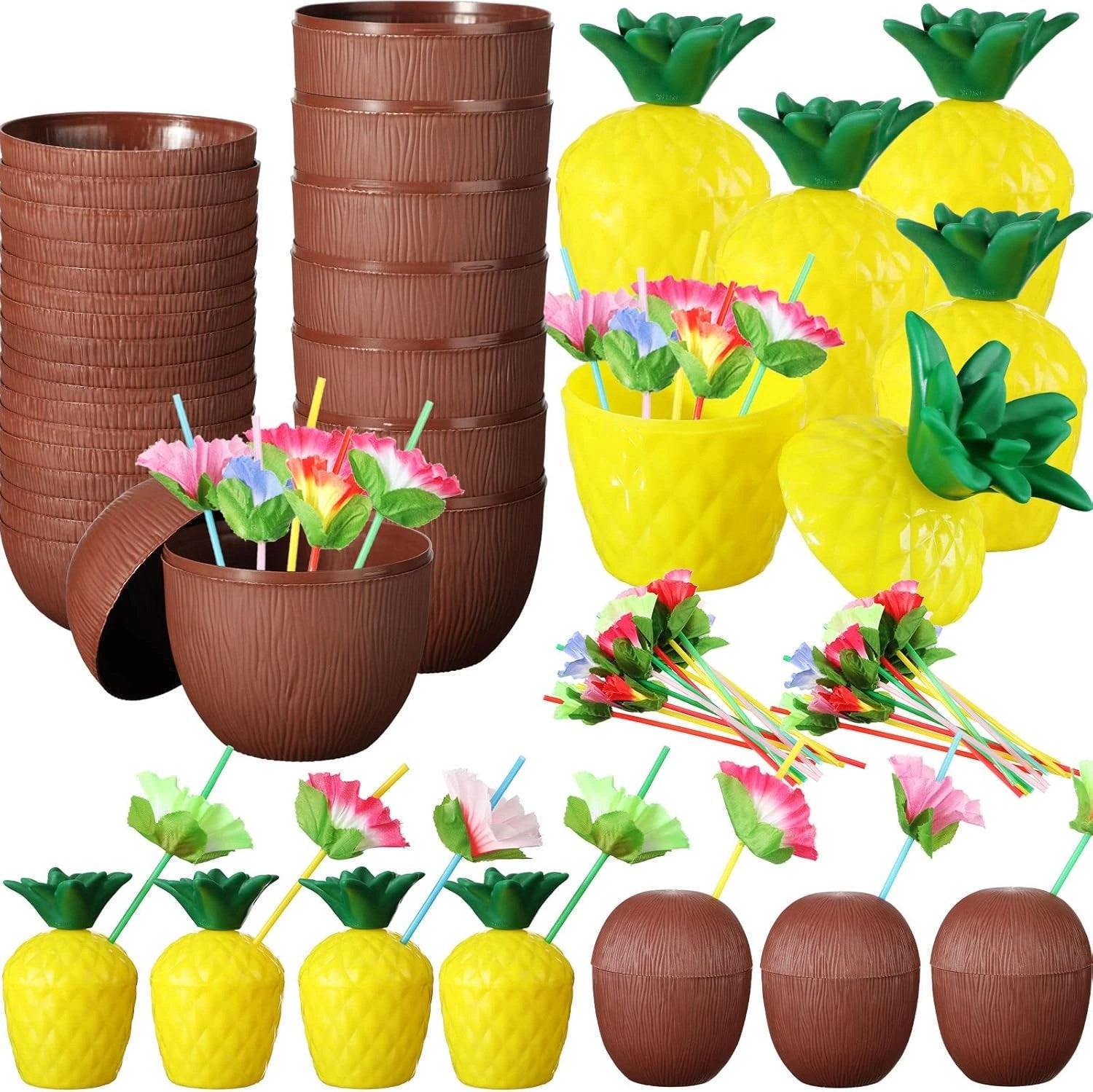 Mey İthalat® Ananas &amp; Hindistan Cevizi Tasarımlı Pipetli Bardak Seti (6 Adet)