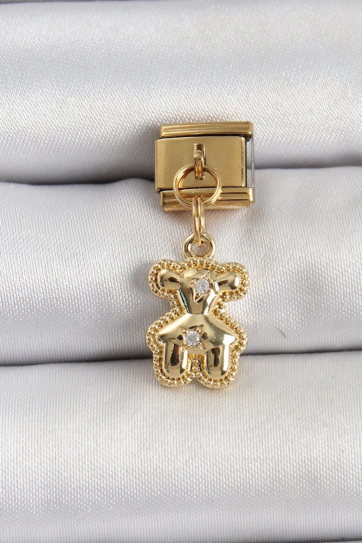 Mey İthalat® 316L Çelik Sallantılı Zirkon Taşlı Ayıcık Model Gold Renk Nomination Charm