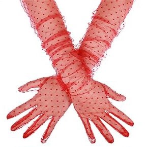 Mey İthalat® Uzun Boy Kırmızı Puantiyeli Kırmızı Renk Yetişkin Tül Eldiven 55 cm