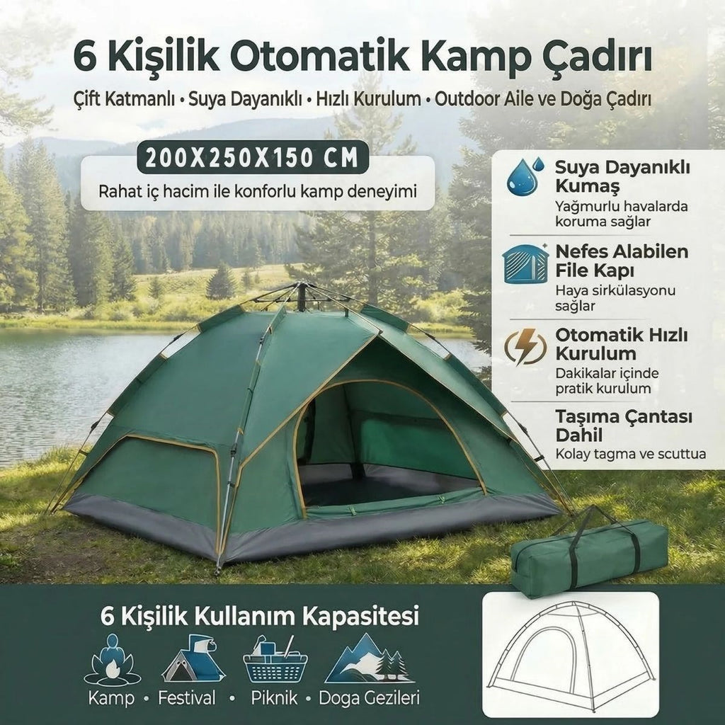 6 Kişilik Otomatik Kamp Çadırı – Çift Katmanlı, Suya Dayanıklı, Hızlı Kurulum Outdoor Aile ve Doğa Çadırı 200x250x150 cm