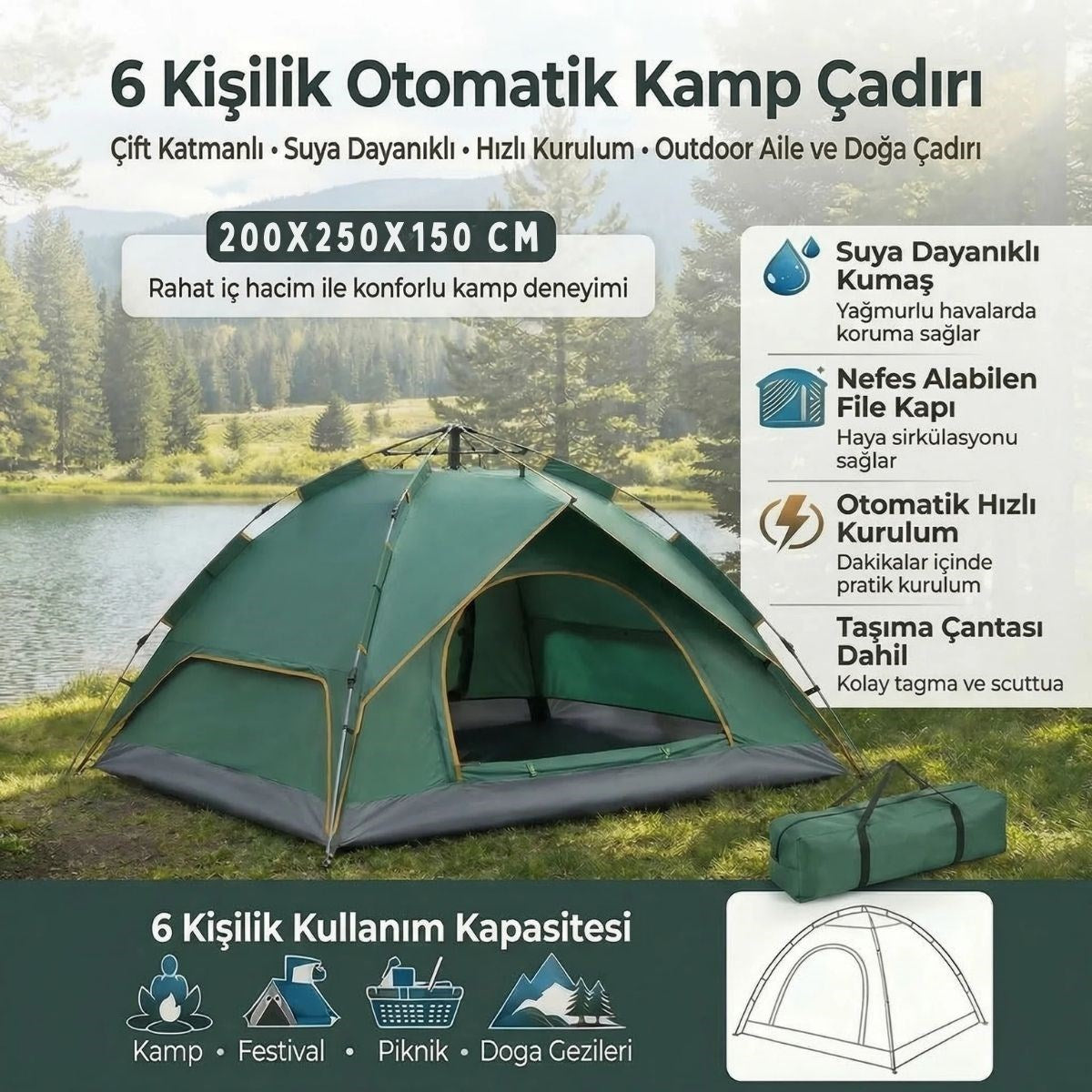 6 Kişilik Otomatik Kamp Çadırı – Çift Katmanlı, Suya Dayanıklı, Hızlı Kurulum Outdoor Aile ve Doğa Çadırı 200x250x150 cm