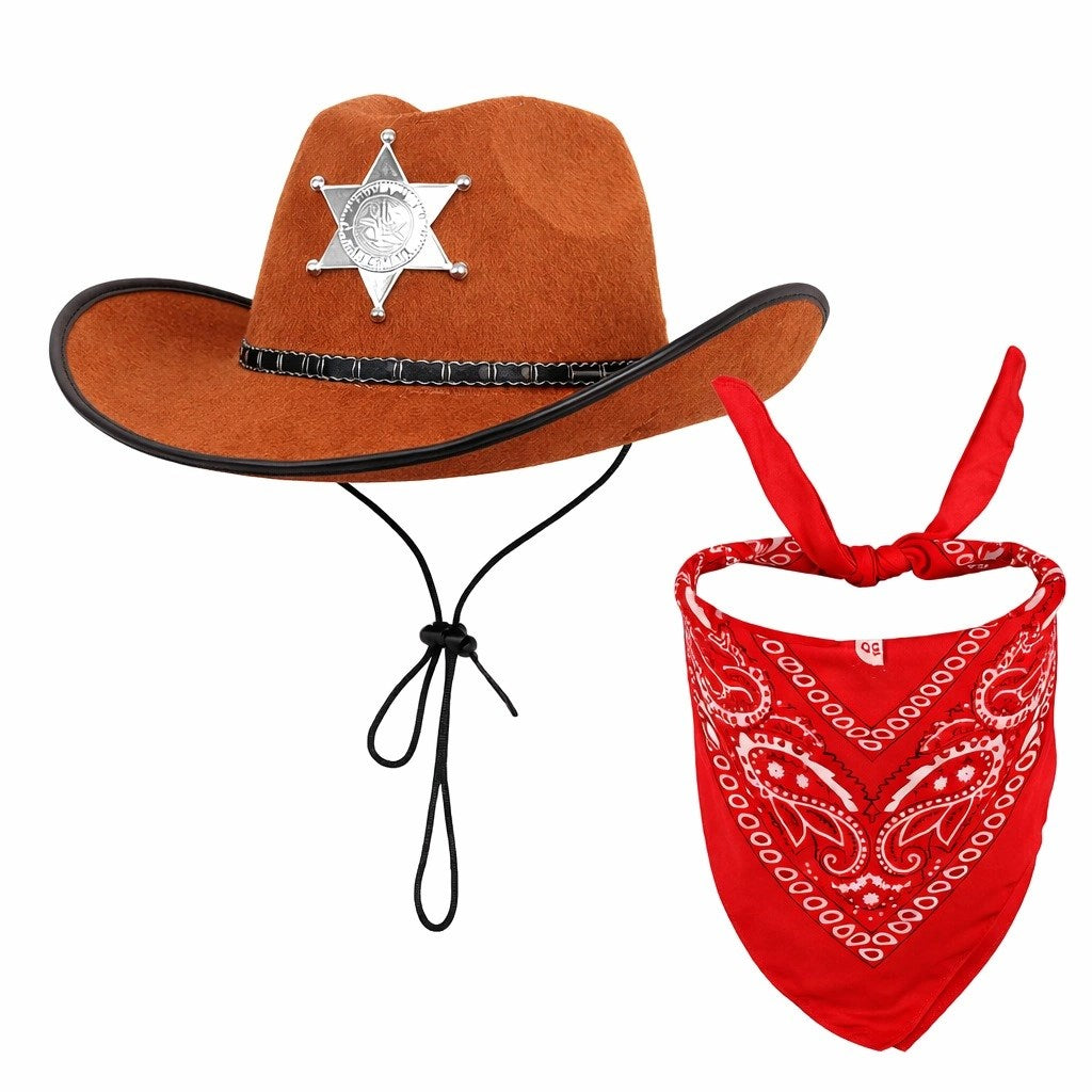 Mey İthalat® Çocuk Kovboy Şapka Rozetli Kahverengi &amp; Kırmızı Bandana Fular Seti