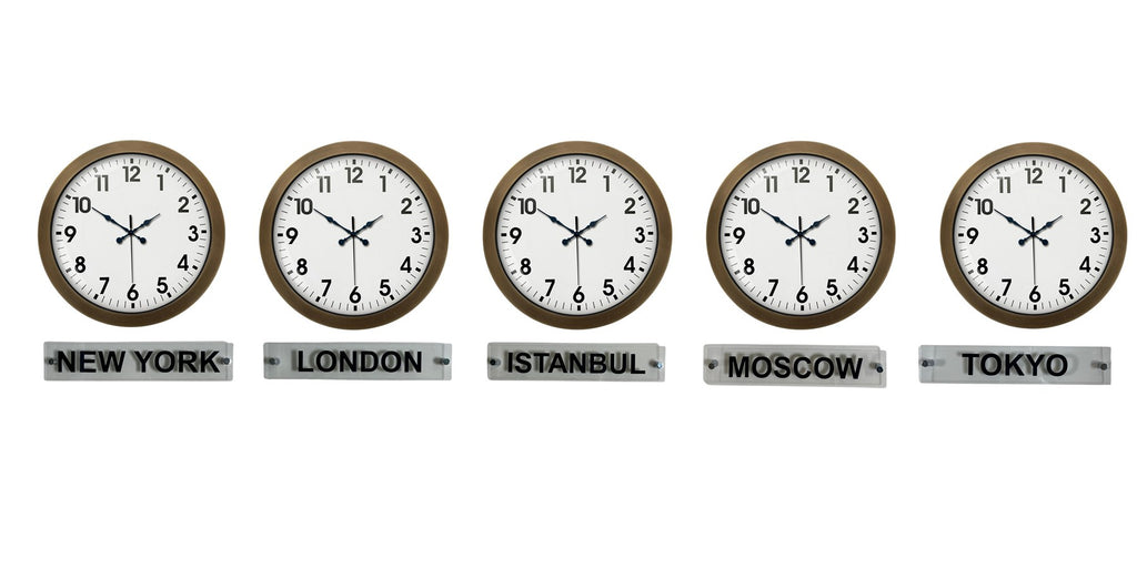 Vintage World Time – 5’li Eskitme 36 Cm Metal Tabelalı Dünya Saatleri