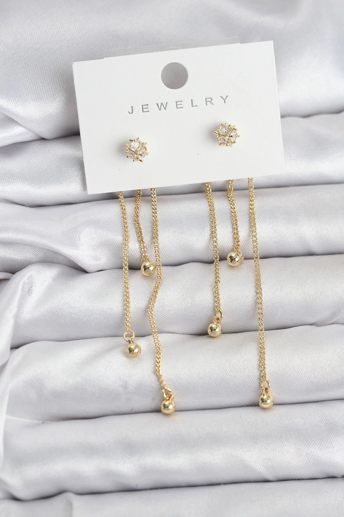 Mey İthalat® Topçuk Model Gold Renk Pirinç Sallantılı Kadın Küpe Seti