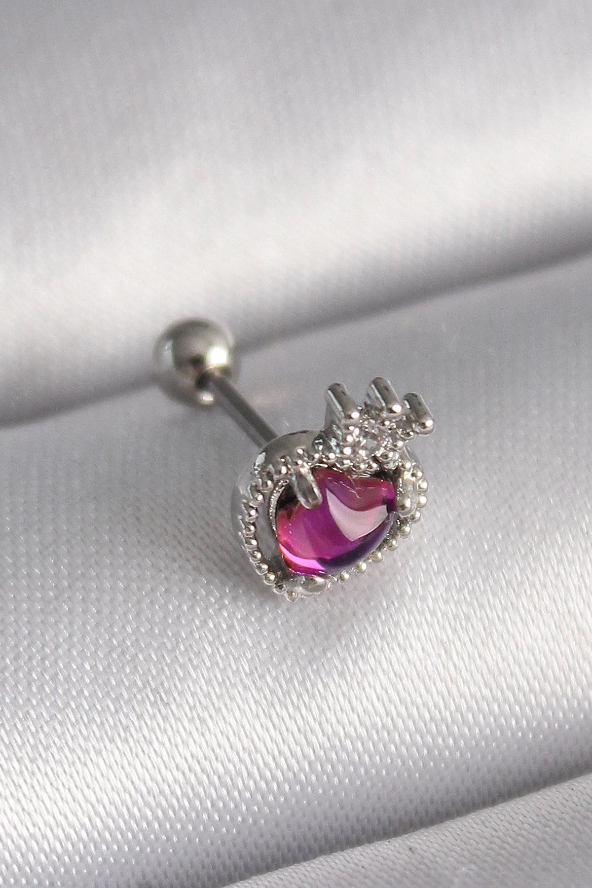Mey İthalat® 316L Çelik Gümüş Renk Pembe Mineli Kalp Zirkon Taş Detaylı Taç Tragus Piercing