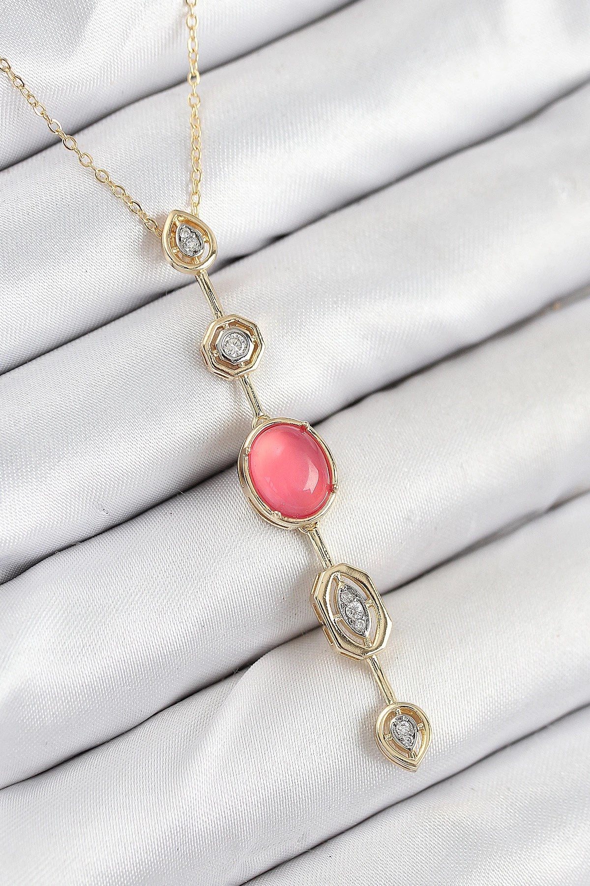 Mey İthalat® Pirinç Zincir Pembe Gold Renk Zirkon Taşlı Y Kolye