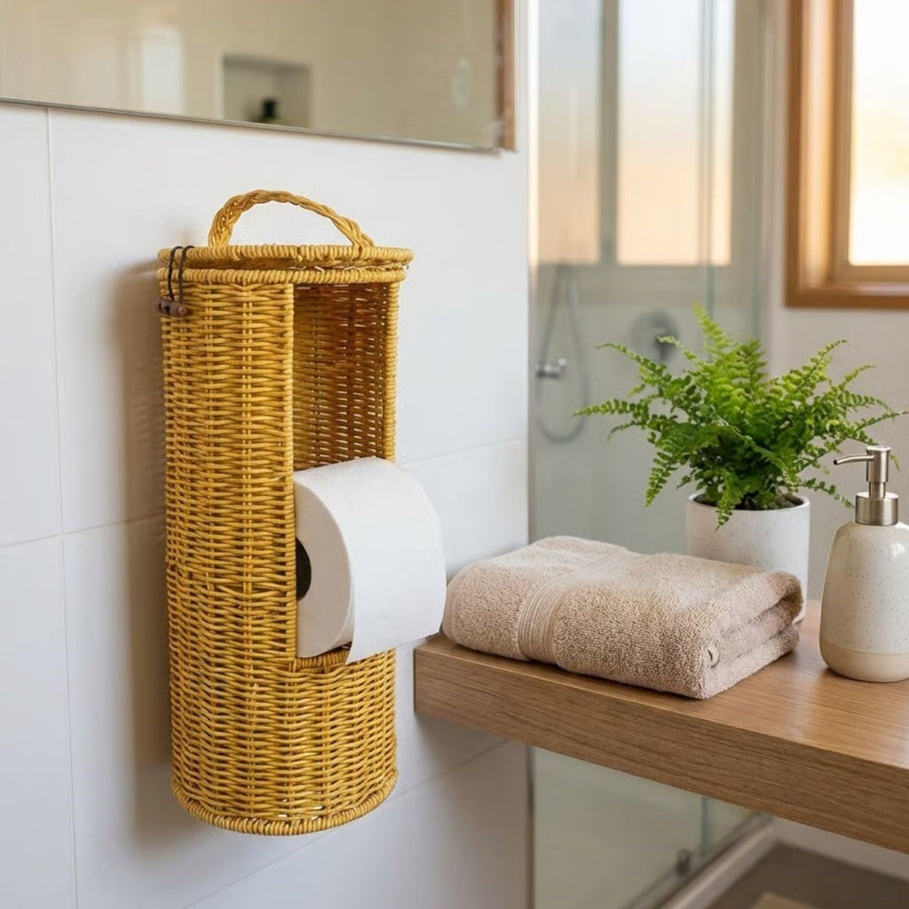Askılı Plastik Rattan Tuvalet Kâğıdı Standı – Hasır Görünümlü, Kapaklı, Yedekli WC Kâğıtlık, Banyo ve Tuvalet İçin Dekoratif Organizer