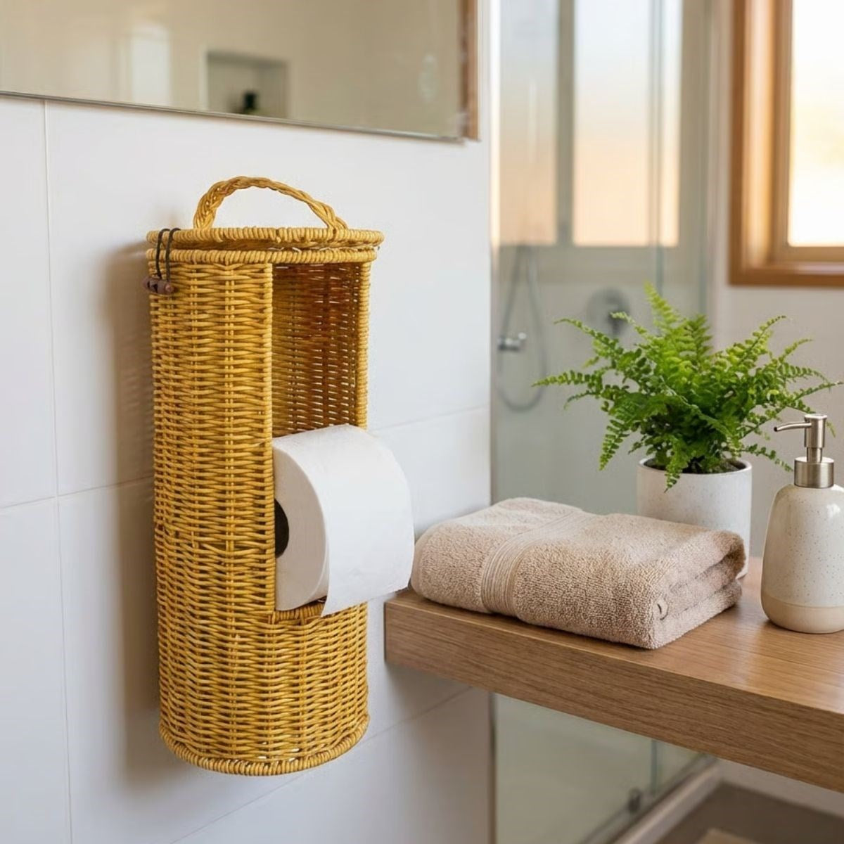 Askılı Plastik Rattan Tuvalet Kâğıdı Standı – Hasır Görünümlü, Kapaklı, Yedekli WC Kâğıtlık, Banyo ve Tuvalet İçin Dekoratif Organizer