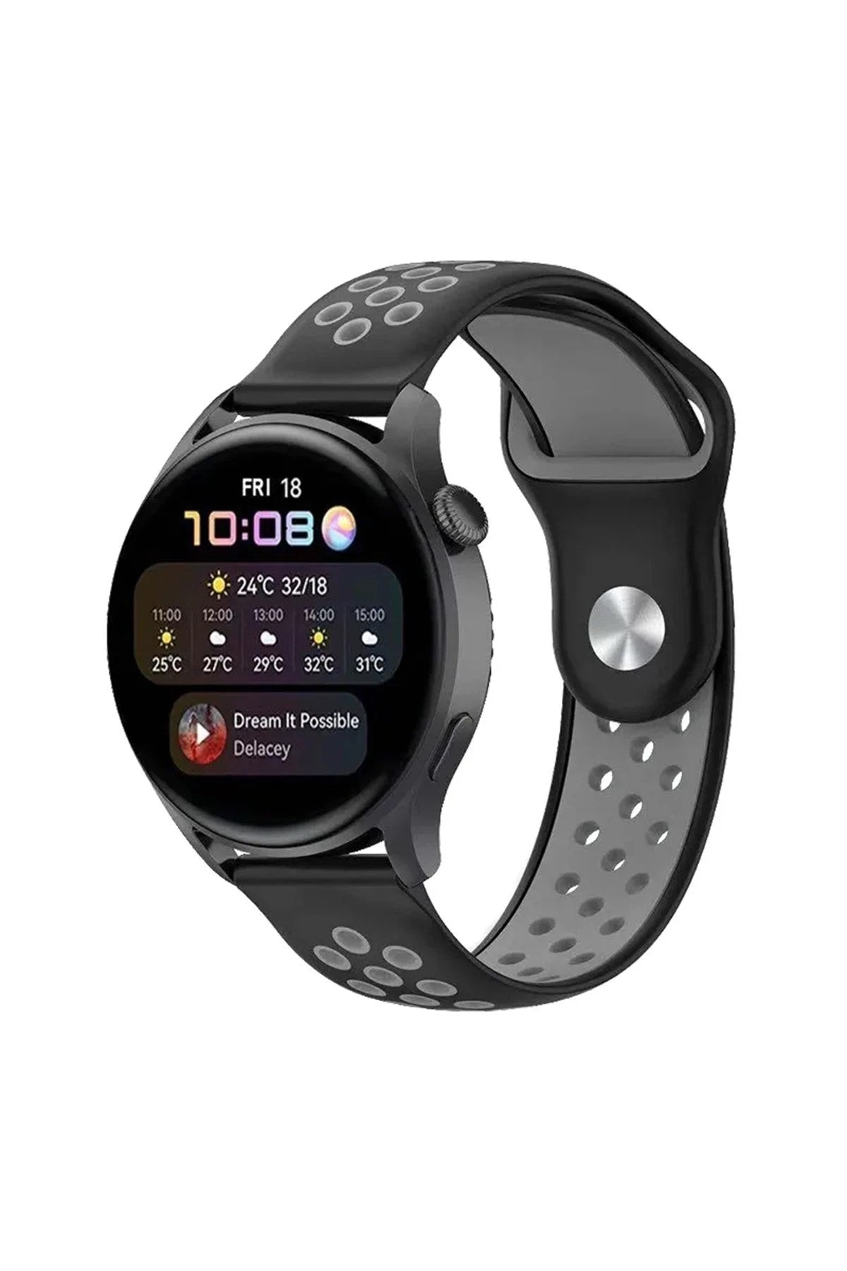 Mey İthalat® Watch 20mm Spor Delikli Kordon - Siyah-Gri