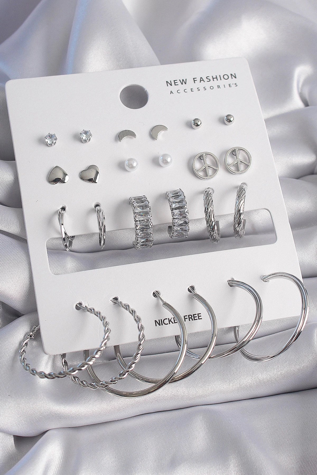 Mey İthalat® Pirinç Gümüş Renk Zirkon Taşlı 12 Çift Kadın Küpe Seti