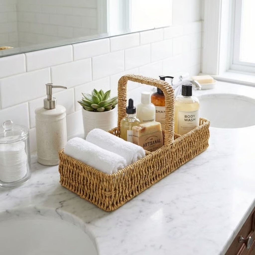3 Bölmeli Plastik Rattan Düzenleyici–Saplı Masaüstü Organizer, Mutfak Kaşık Çatal Sepeti, Banyo & Ofis Çok Amaçlı Sunum Standı