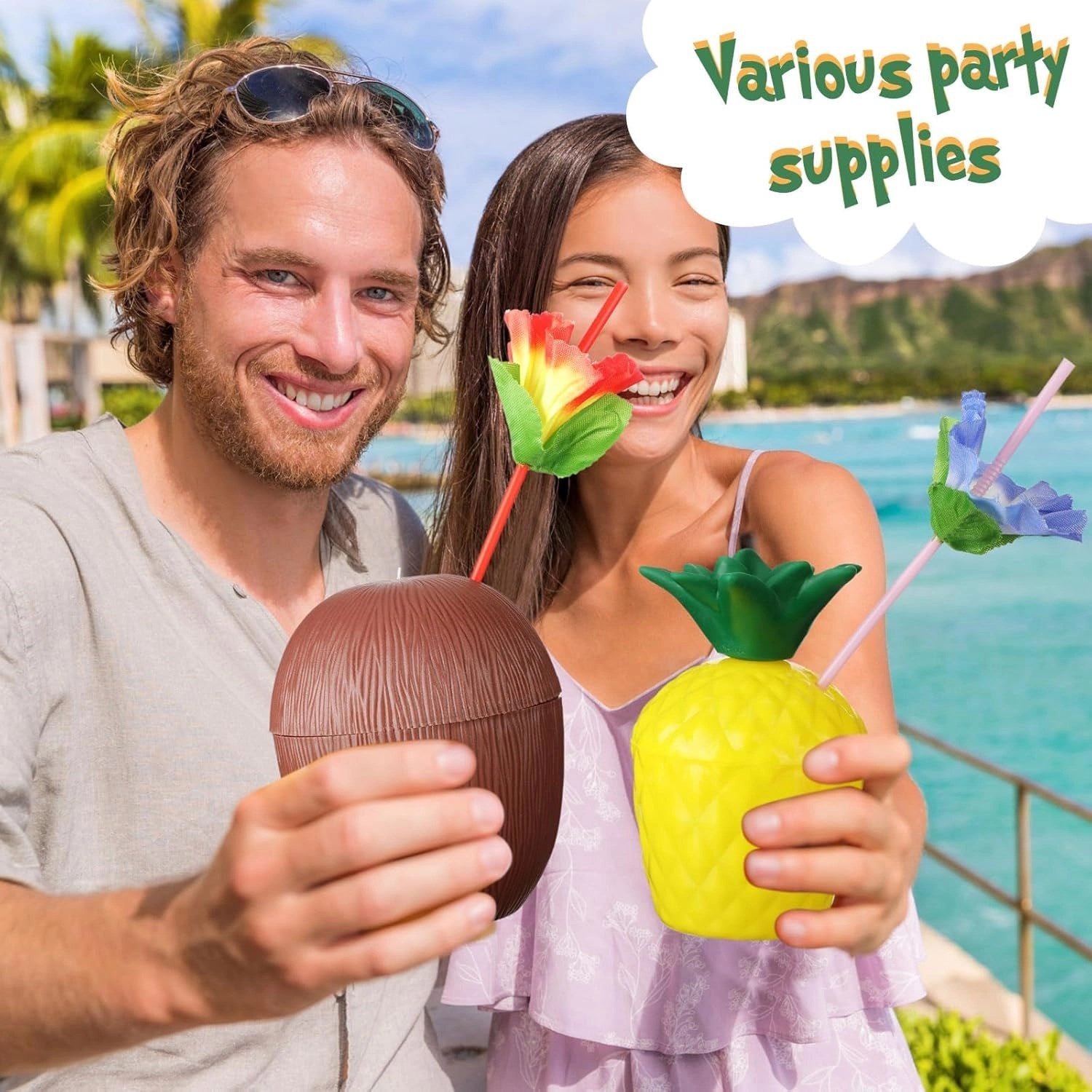 Mey İthalat® Ananas &amp; Hindistan Cevizi Tasarımlı Pipetli Bardak Seti (6 Adet)