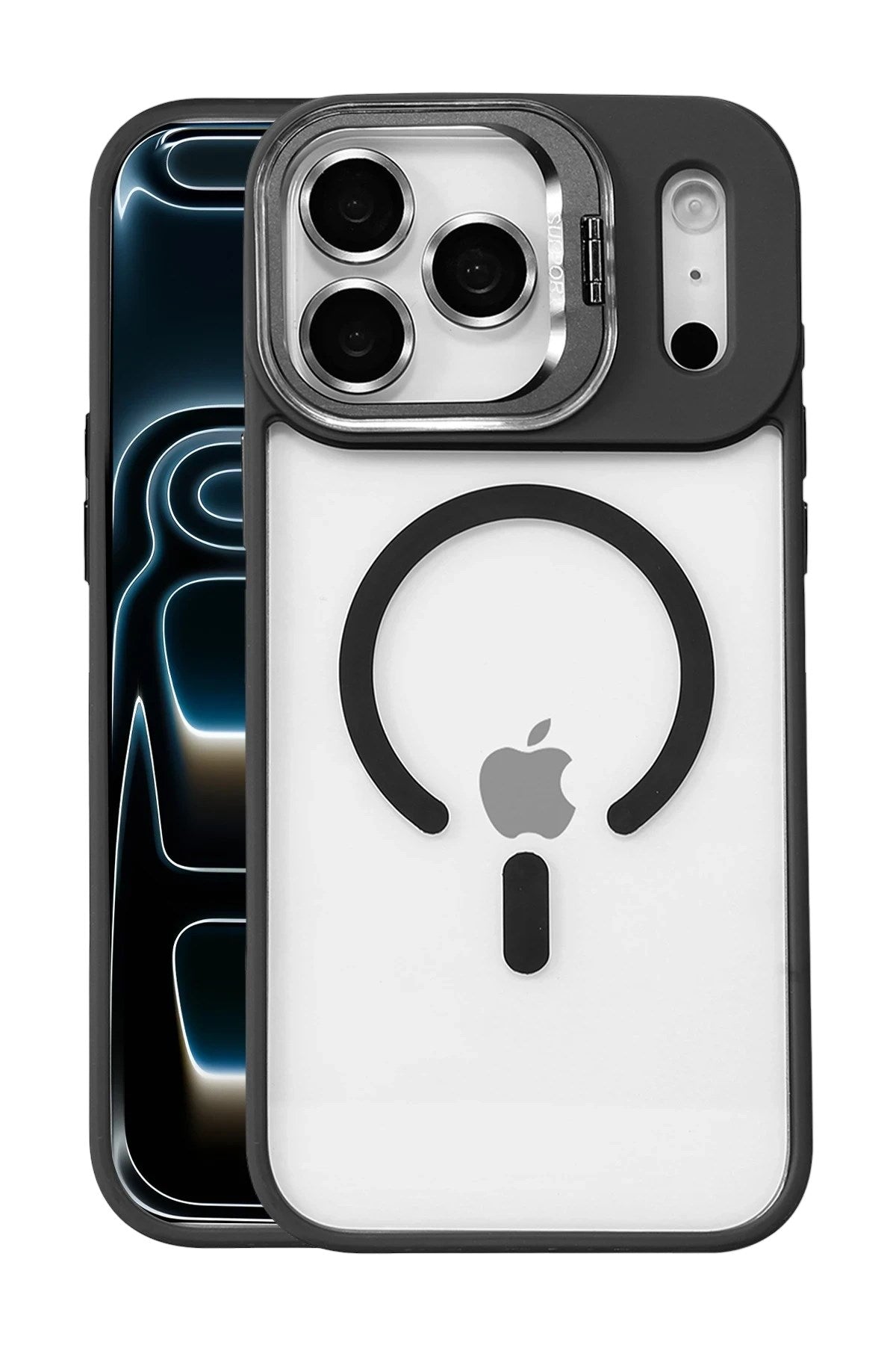 Mey İthalat® iPhone 17 Pro Max Remim Lensli Magsafe Standlı Kapak - Siyah