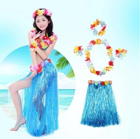 Mey İthalat® Luau Aloha Hawaii Partisi Etek Taç ve Bileklik Seti Mavi