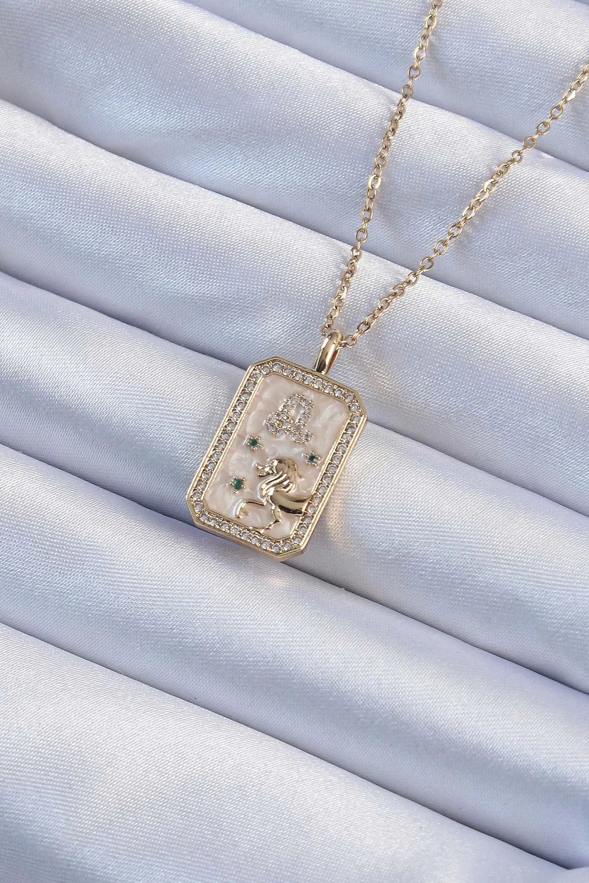 Mey İthalat® 316L Çelik Zincir Altın Renk Zirkon Taşlı Aslan Figürlü Tarot Kolye