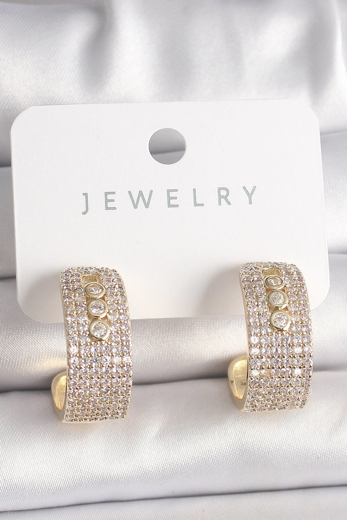 Mey İthalat® Pirinç Gold Renk Zirkon Taşlı Halka Messika Model Kadın Küpe