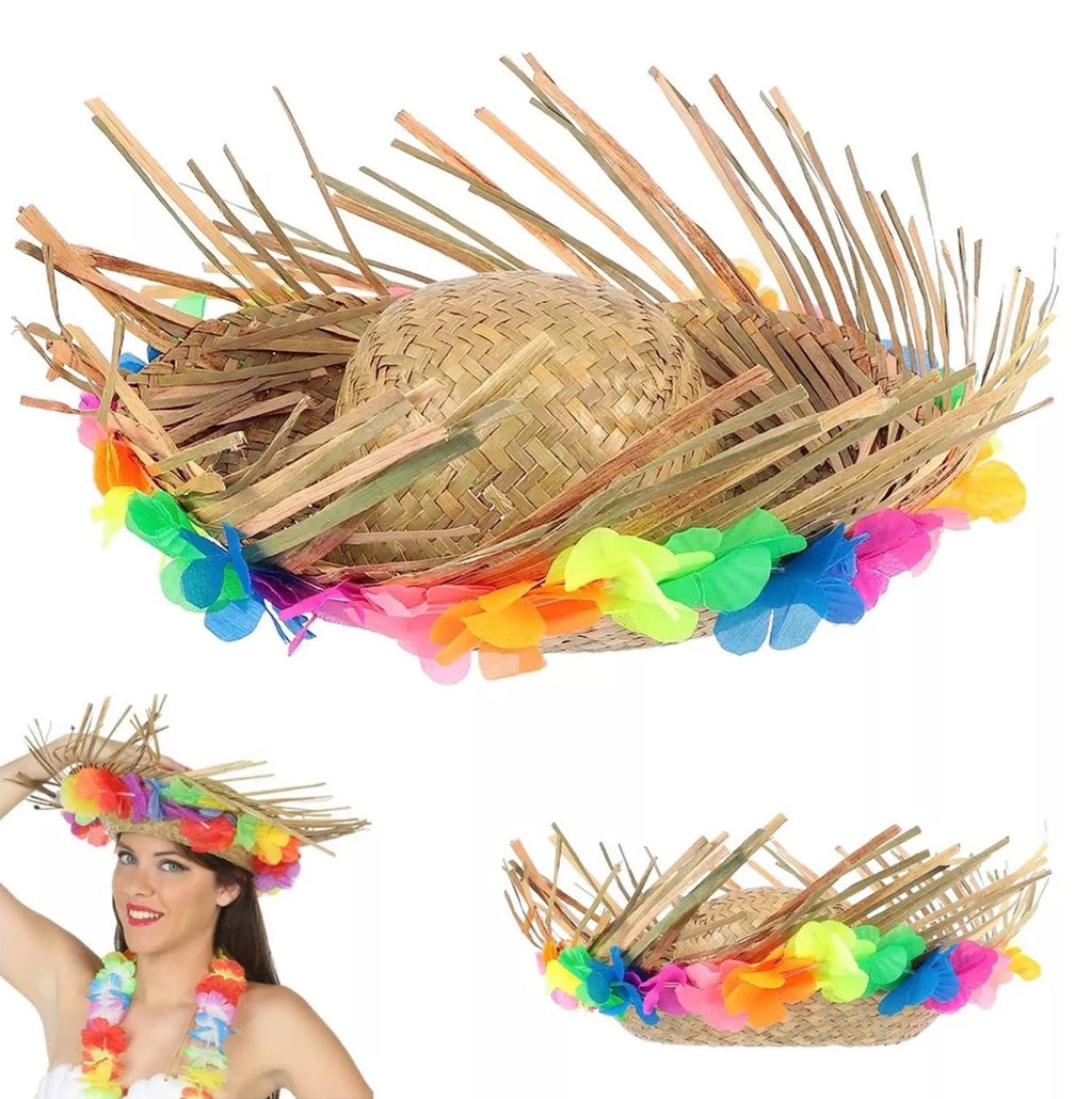Mey İthalat® Naturel Renk Püsküllü Örme Hasır Hawaii Luau Aloha Şapka 13x36 cm