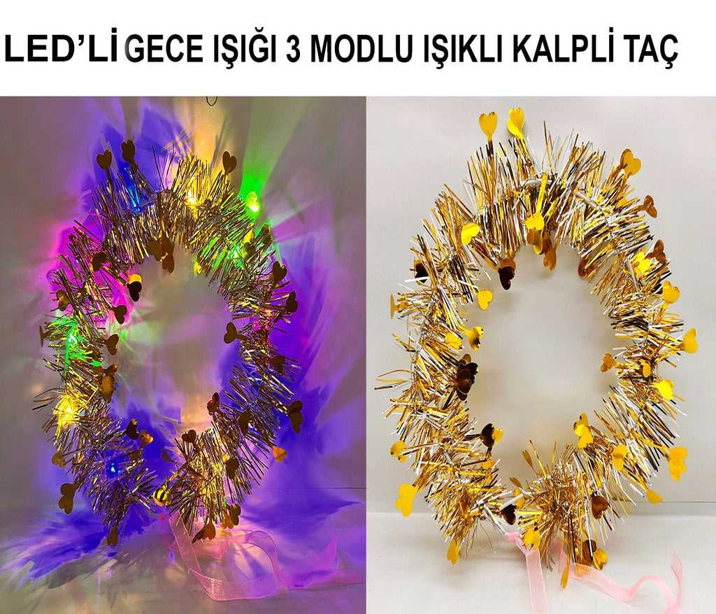 Mey İthalat® Kalp Püsküllü Gece Parıltısı 3 Modlu LED&amp;#39;li Işıklı Taç Altın Renk