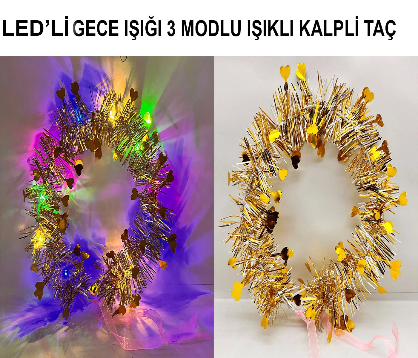 Mey İthalat® Kalp Püsküllü Gece Parıltısı 3 Modlu LED&amp;#39;li Işıklı Taç Altın Renk