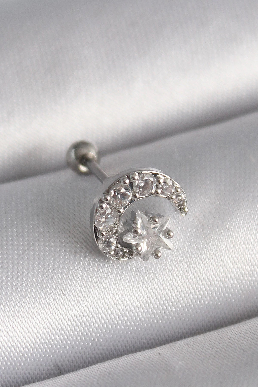 Mey İthalat® 316L Çelik Gümüş Renk Zirkon Taşlı Ay Yıldız Tragus Piercing