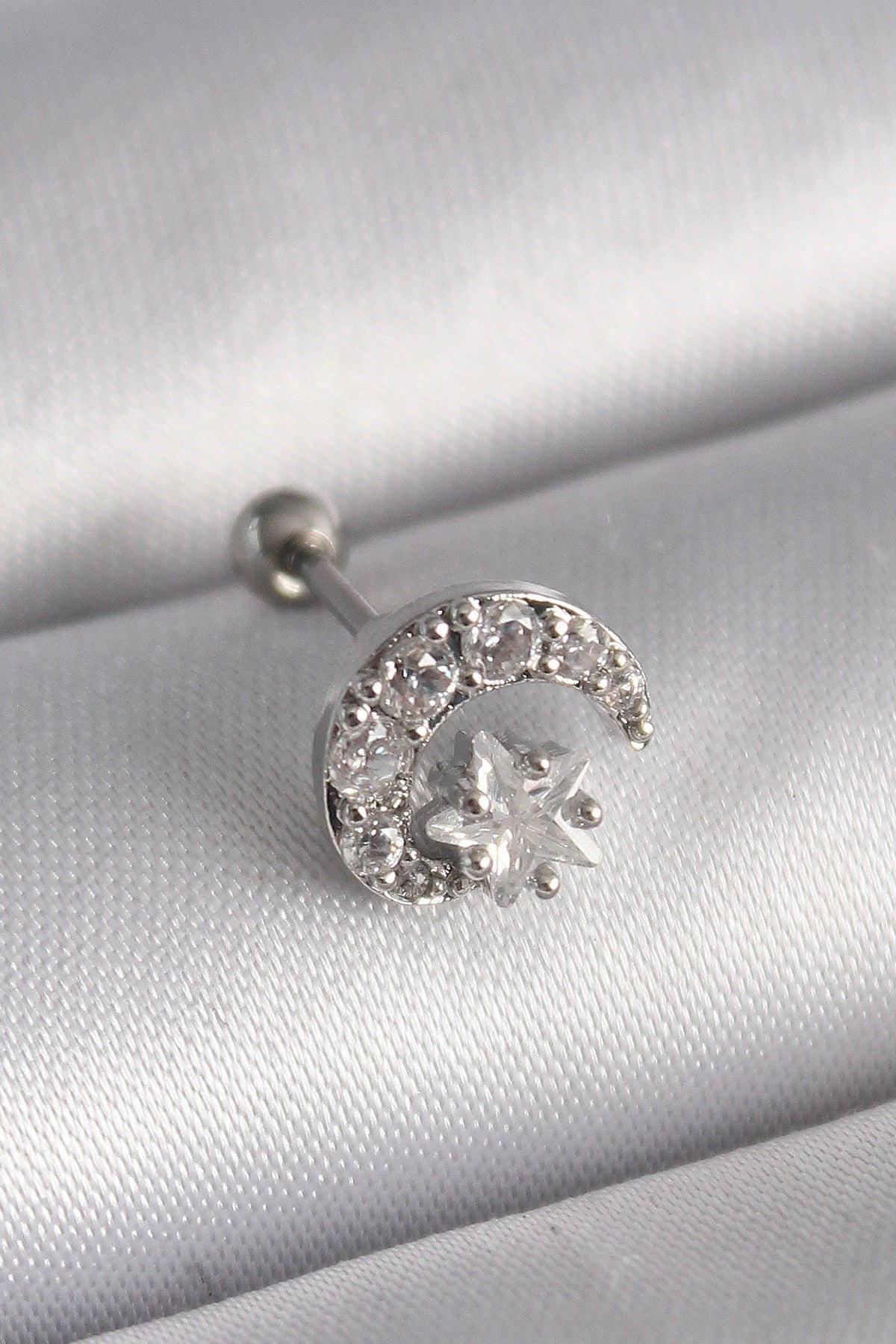 Mey İthalat® 316L Çelik Gümüş Renk Zirkon Taşlı Ay Yıldız Tragus Piercing