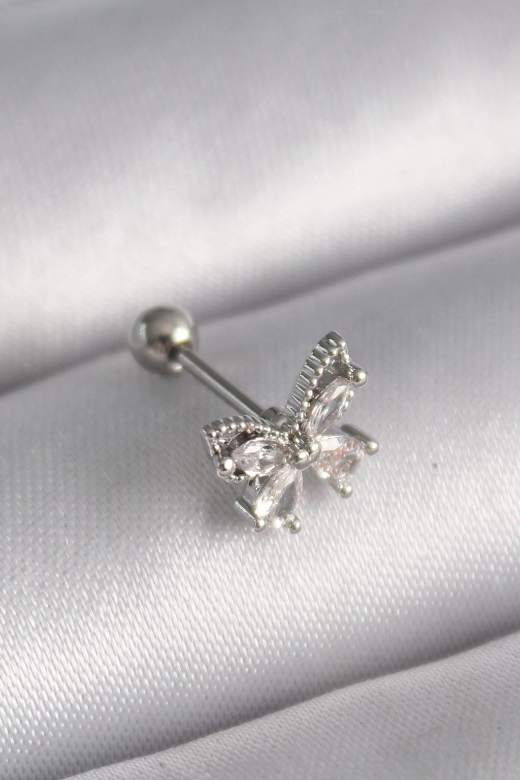 Mey İthalat® 316L Çelik Gümüş Renk Zirkon Taşlı Kelebek Tragus Piercing