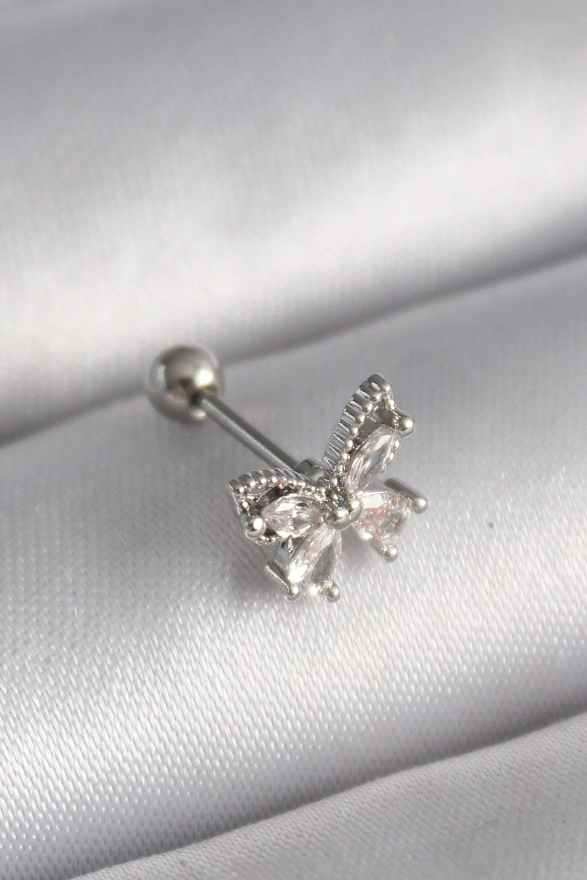 Mey İthalat® 316L Çelik Gümüş Renk Zirkon Taşlı Kelebek Tragus Piercing