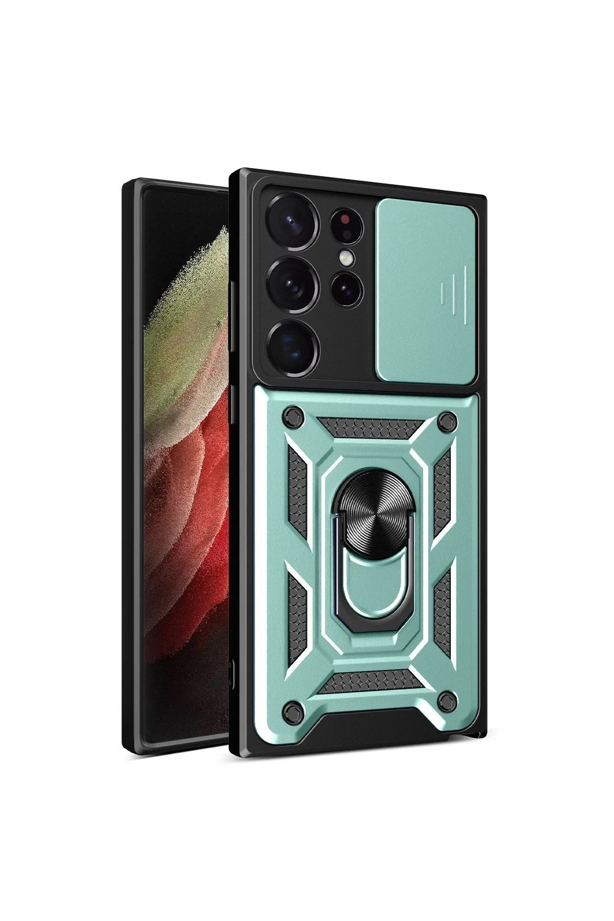 Mey İthalat® Samsung Galaxy S23 Ultra Kılıf Pars Lens Yüzüklü Silikon - Yeşil