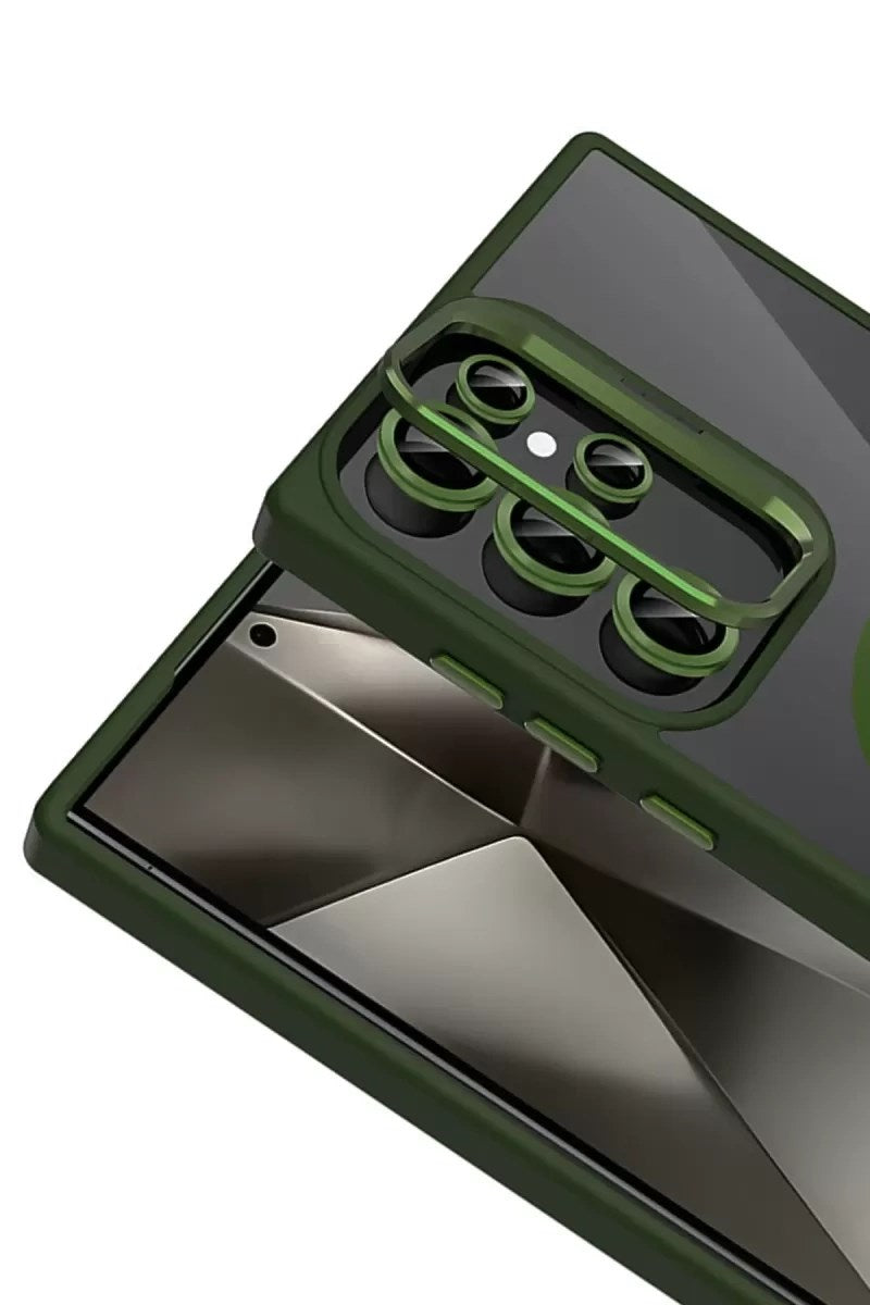 Mey İthalat® Samsung Galaxy S23 Ultra Remim Lensli Magsafe Standlı Kapak - Koyu Yeşil