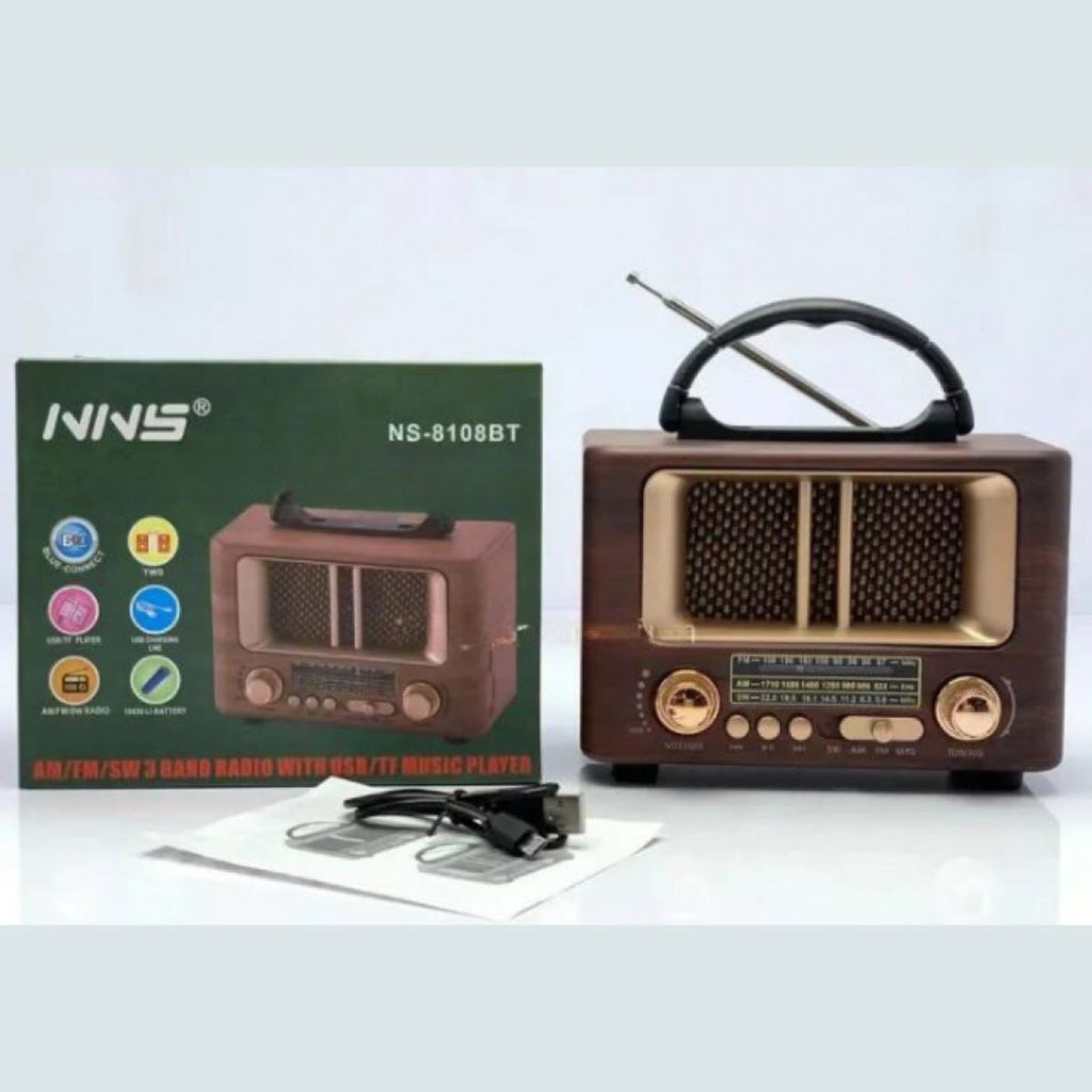 Küçük Mini Boy Retro Ahşap Tasarım Bluetooth Hoparlörlü Radyo – FM/AM Destekli, Şarjlı ve Taşınabilir Radyo NS-8108