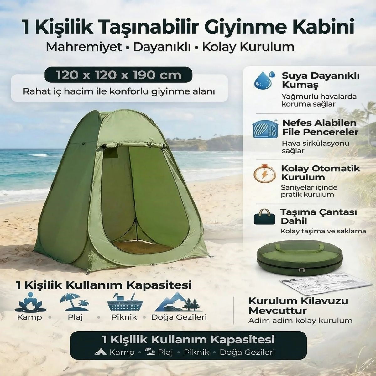Tek Kişilik Yarı Otomatik Portatif Giyinme Kabini Çadırı – Plaj, Kamp, Duş ve Soyunma Kabini Outdoor Çadır 120x120x190 cm