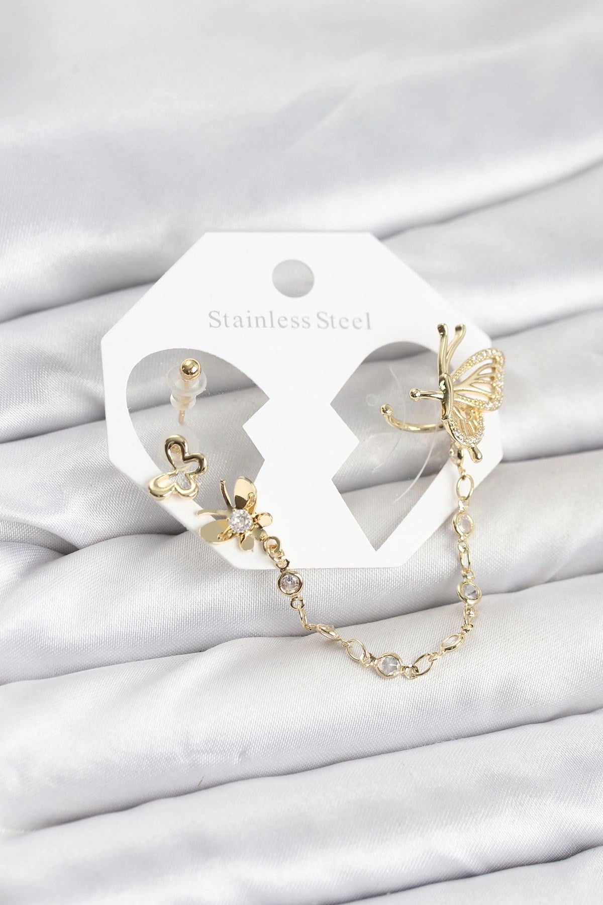 Mey İthalat® Kelebekli Model Pirinç Gold Renk Zincir Bağlantılı Ear Cuff Küpe Seti