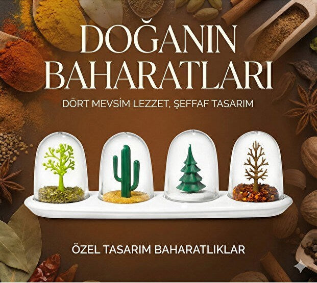 4 Mevsim Temalı Tasarım Baharatlık Seti - Dekoratif Ağaç ve Kaktüs Figürlü Standlı Tuzluk Biberlik