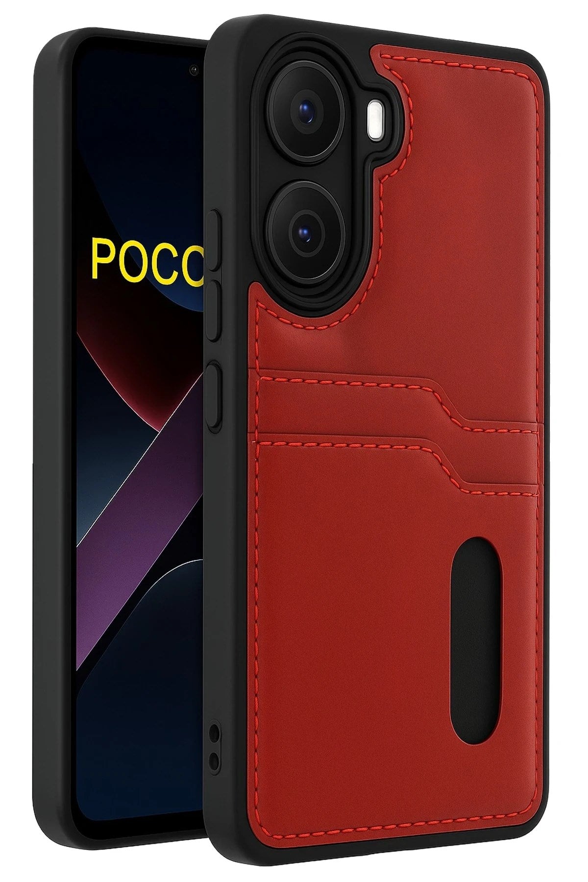Mey İthalat® Poco X7 Pro Kılıf Sara Kartvizitli Deri Kılıf - Kırmızı