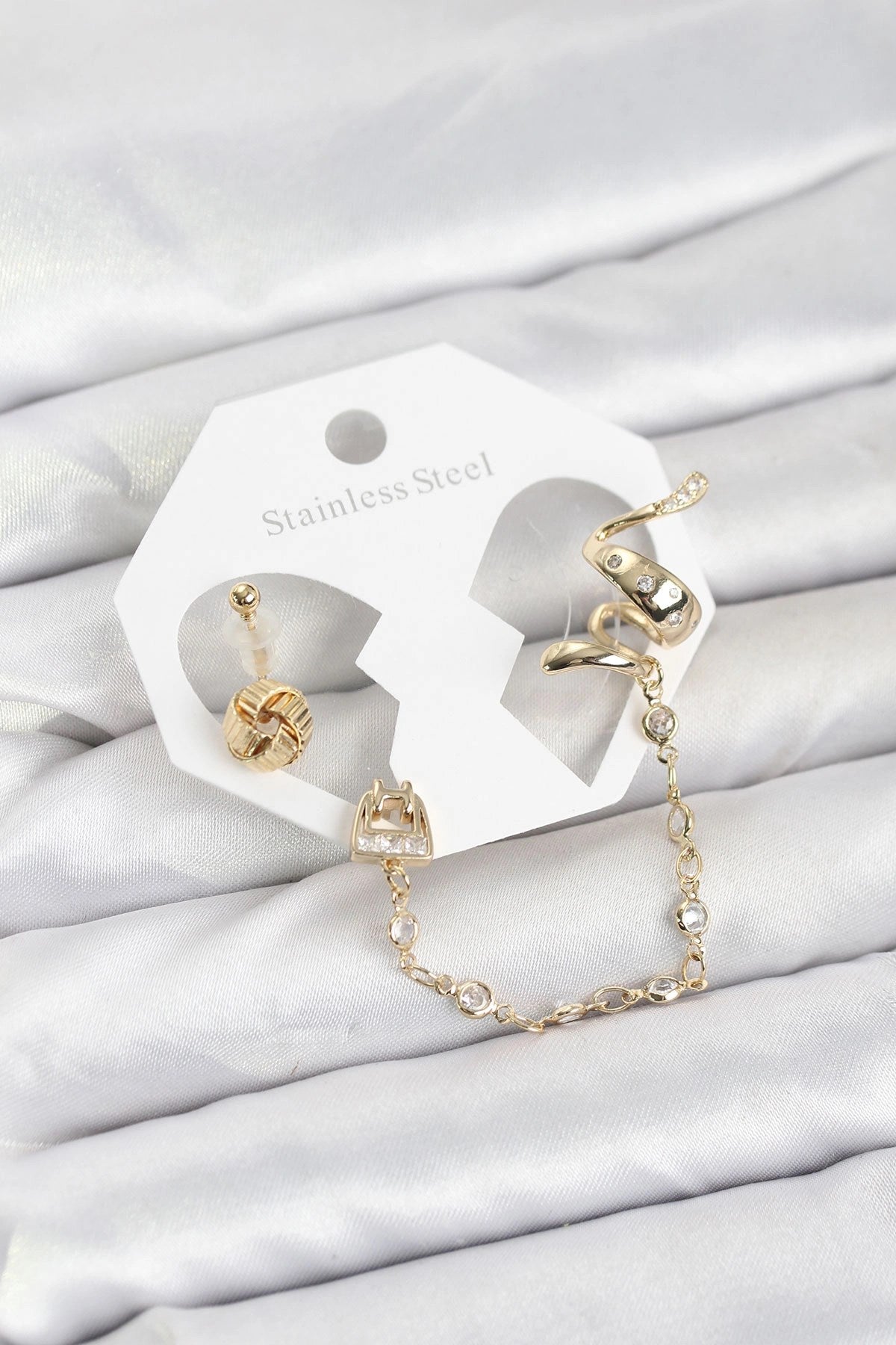 Mey İthalat® Pirinç Gold Renk Yılan Model Zincir Bağlantılı Ear Cuff Küpe Seti