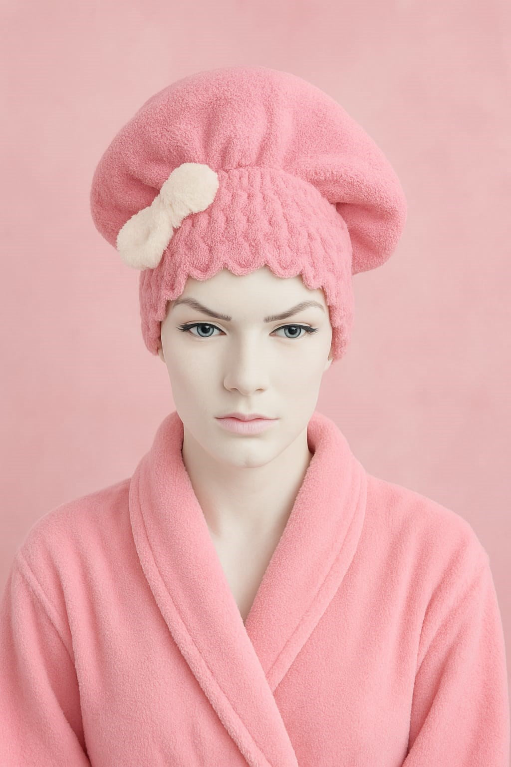 Saç Kurulama Banyo Duş Bonesi – %100 Pamuk , Fiyonklu Pembe
