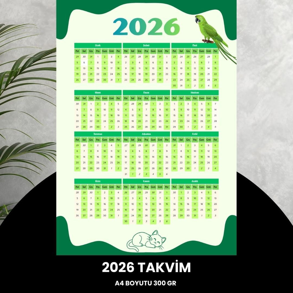 Takvim 2026 Premium A4 300 Gr Dijital Baskı Yeşil-beyaz