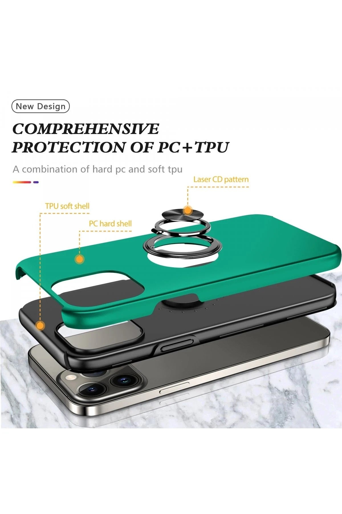 Mey İthalat® iPhone 13 Pro Kılıf Elit Yüzüklü Kapak - Yeşil